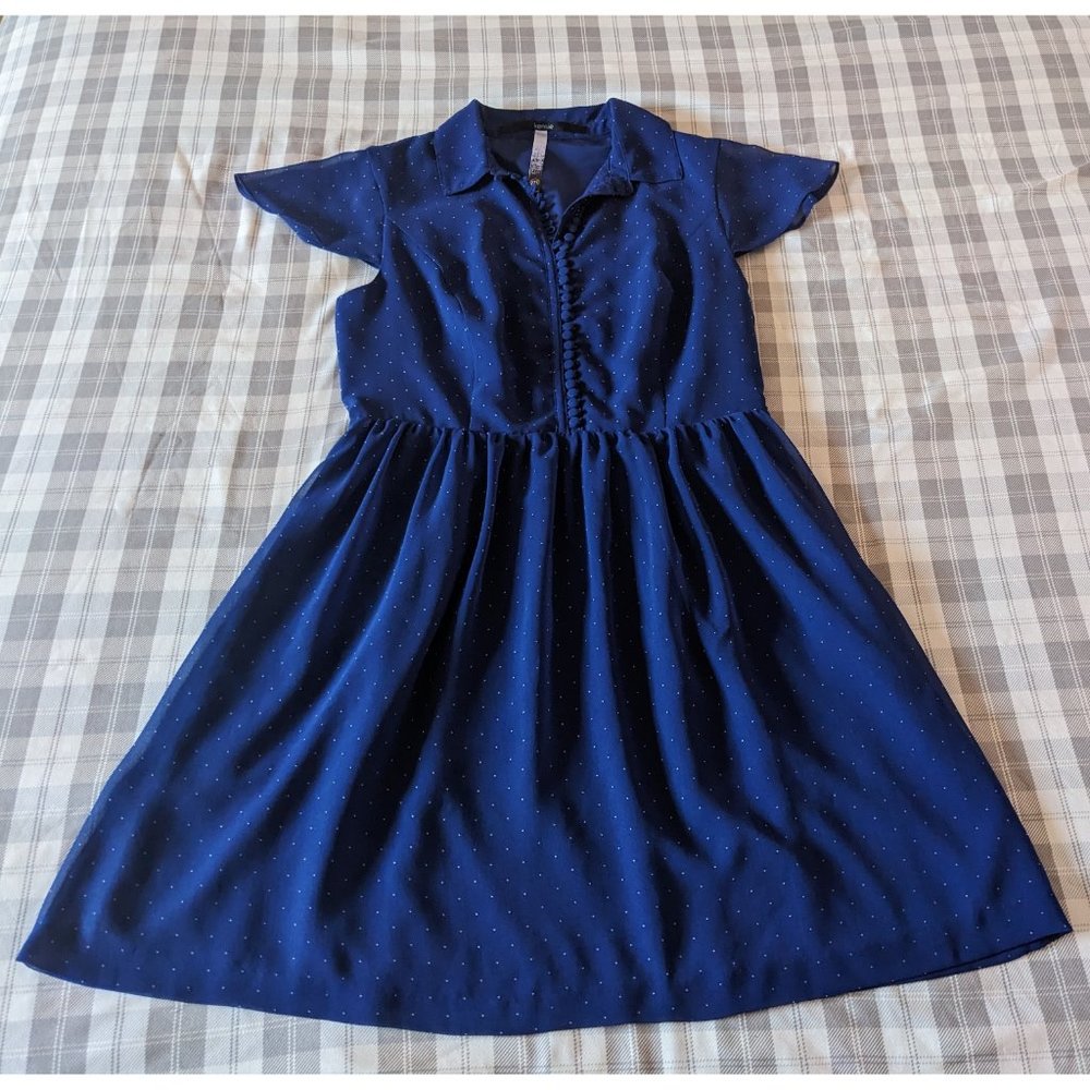 Kensie Collared Buttoned Dress (Blue Polka Dot Size Medium)